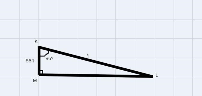 In ΔKLM, the measure of ∠M =90°, the measure of ∠K=,86°, and MK = 86 feet. Find the-example-1