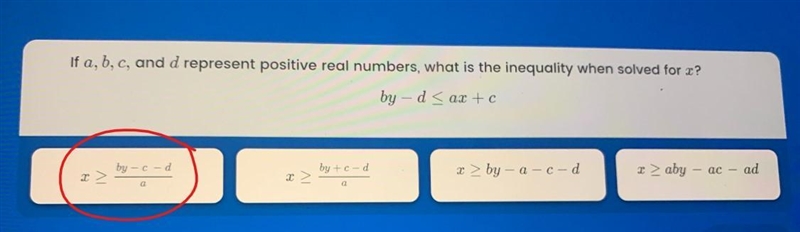 If a, b, c, and d represent positive real numbers, what is the inequality when solved-example-1