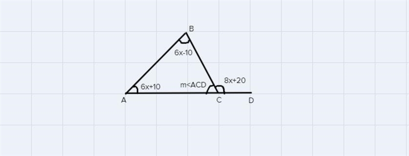 7. In triangle ABC, AC is extended through C to D. If m angle BAC = 6x + 10,m angle-example-1