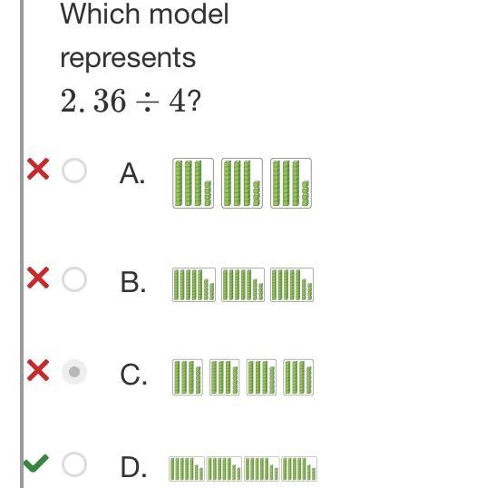 Which model represents 2 . 36 ÷ 4 ? A. Three groups each have three tens and 4 ones-example-1