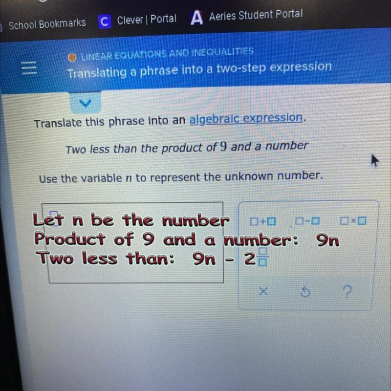 Two less than the product of 9 and a number-example-1