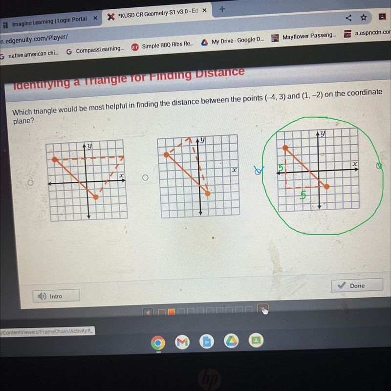 Which triangle would be most helpful in finding the distance between the points (-4, 3) and-example-1