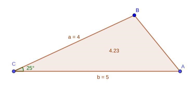 Find the area K of the triangle. a=4, b=5, C = 25° K= square units (Round to two decimal-example-1