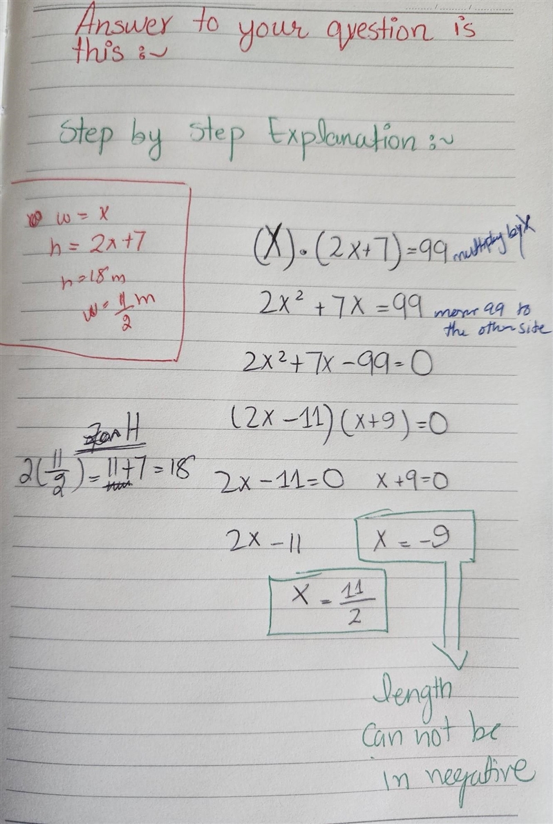 The area of a rectangle is 99 m2, and the length of the rectangle is 7 m more than-example-2