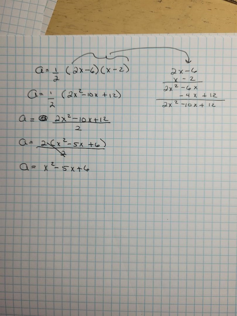 Base of a triangle is represented by (2x -6) and the height is represented by (x - 2) given-example-1