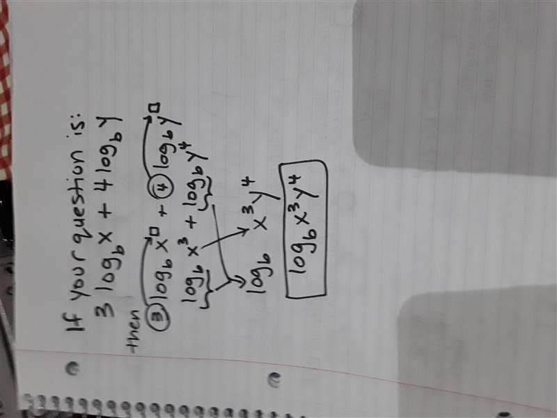 Rewrite as a single logarithm: 3 log b x+4 log b y​-example-1