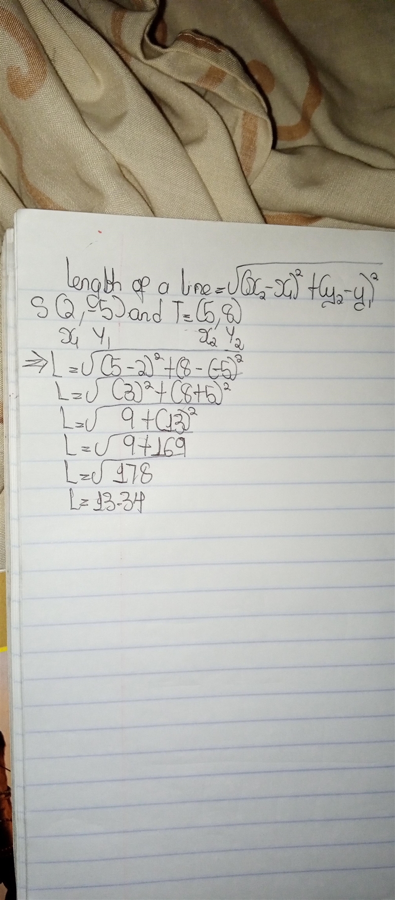 What is the length of a line segment with endpoints S(2,-5) and T(5,8)? 13 8.54 13.34 4.-example-1