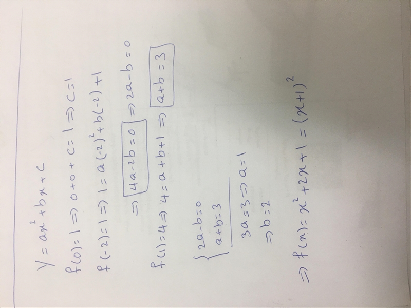 Formulate the quadratic function that contains the points (-2,1), (0,1) and (1,4).-example-1