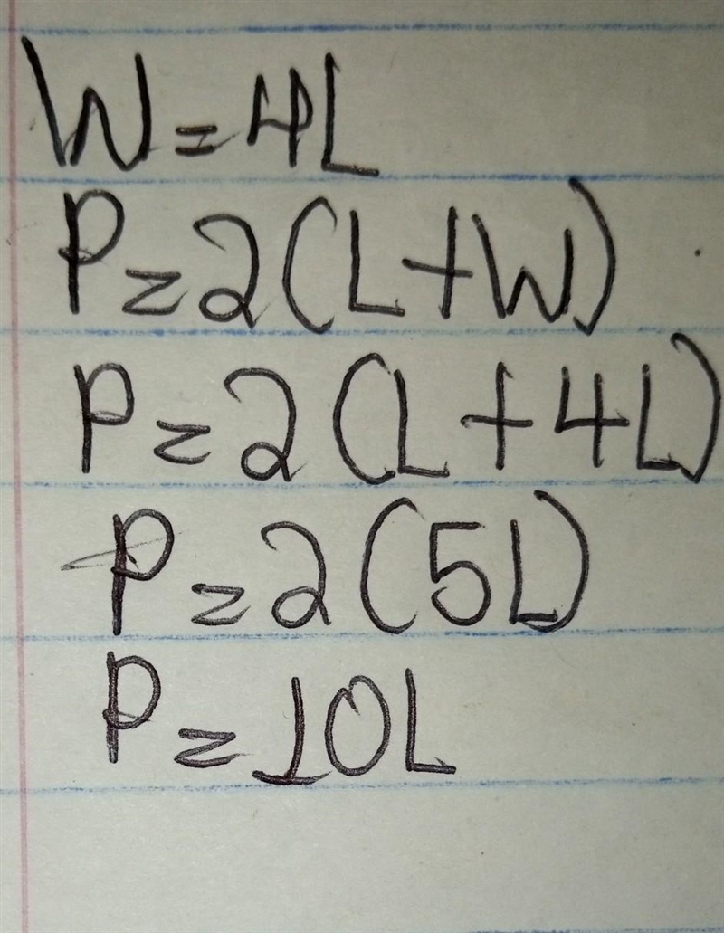 The width of a rectangle is four times its length. Write an expression for the perimeter-example-1