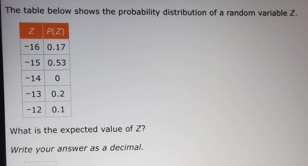 The table below shows the probability distribution of a random variable P(Z) -16 0.17 -15 0.53 - 14 0 -13 0.2 -12 0.1 Vhat-example-1