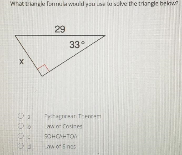 Multiple choice triangle. im pretty sure its pythagorean theorem but please let me-example-1