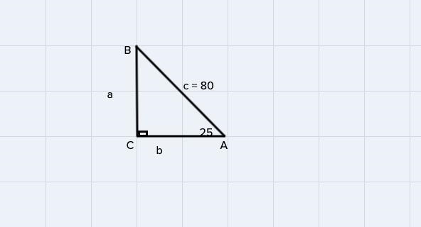 ABC is a right triangle with C=90°. Solve for all missing parts given that A=25° and-example-1