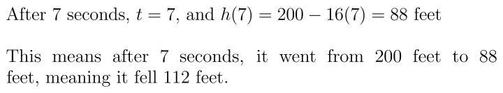 The function h(T)= 200- 16t represents the height of a ball dropped from 200 feet-example-1