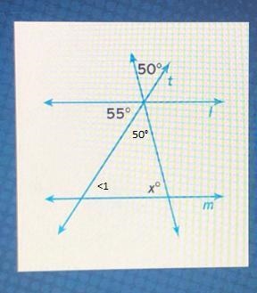 What value of x would make lines land m parallel?5050°t55°75xº55m105-example-1