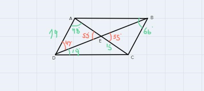 PLEASE PLEASE HELP ASAPIn parallelogram ABCD, AD=19, EC=15, mABC=66°, mDAC=78° and-example-1