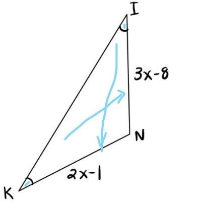 KIN is an isosceles triangle. find the length of the legs-example-1