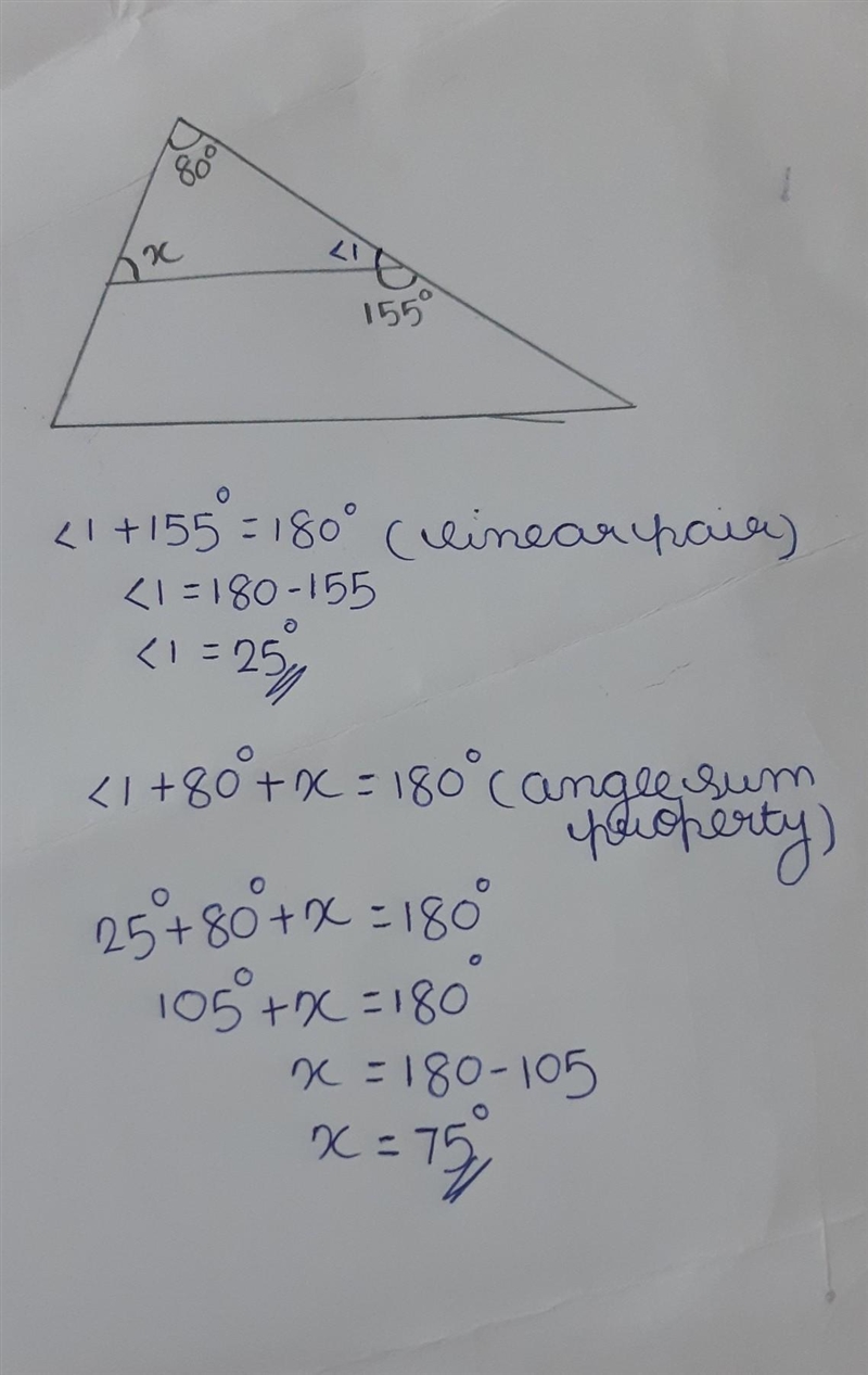 Find the value of x A. 25° B. 85° C. 75° D. 105°-example-1