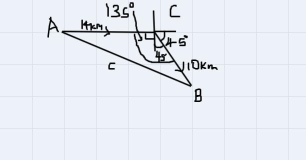 A student cycle 14km east from a and then 10km south east find the distance and bearing-example-1