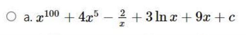 The integral of f(x)=100x^99+20x^4+2/x^2+3/x+9 is-example-1