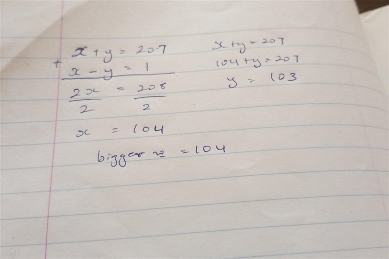 The sum of two numbers is 207 The difference between the two numbers is l Find the-example-1