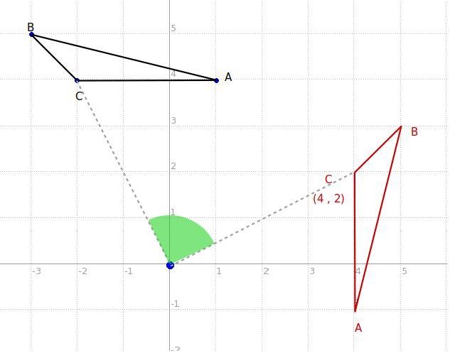 Triangle ABC has vertices A(1,4), B (-3,5) and C(-2, 4) and is rotated 90 degrees-example-1