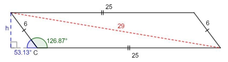 A parallelogram has adjacent sides 25 cm and 6 cm . if one diagonal is 29 cm then-example-1