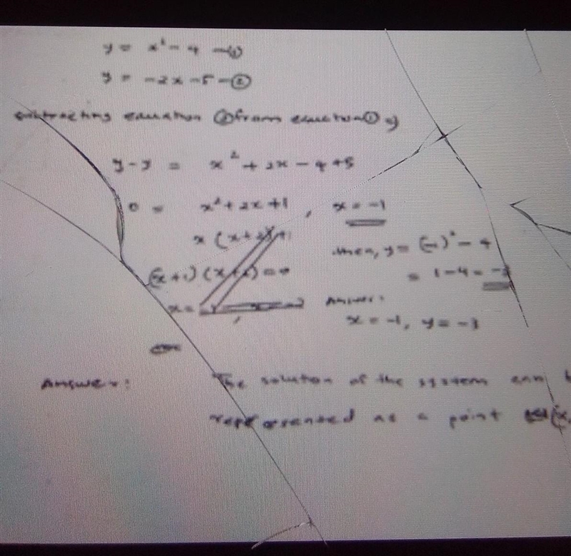 Find the solution(s) to the system y = x2-4 y = -2x – 5 ​-example-1