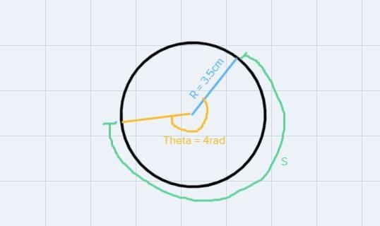 Find, in centimeters, the length of an arc intercepted by a central angle of 4 radians-example-1