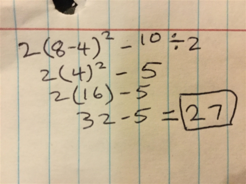 Evaluate the expression 2(8-4)^2-10/2-example-1