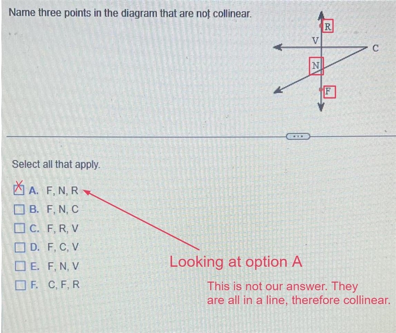 Name three points in the diagram that are not collinear. Select all that apply. A-example-1