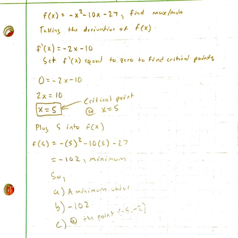 Answer the questions below about the quadratic function f(x)=-x^2-10x-27 a) Does the-example-1