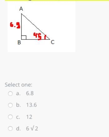 In the diagram below, if the measure of < C = 45 °, and side AB = 6.8, then side-example-1