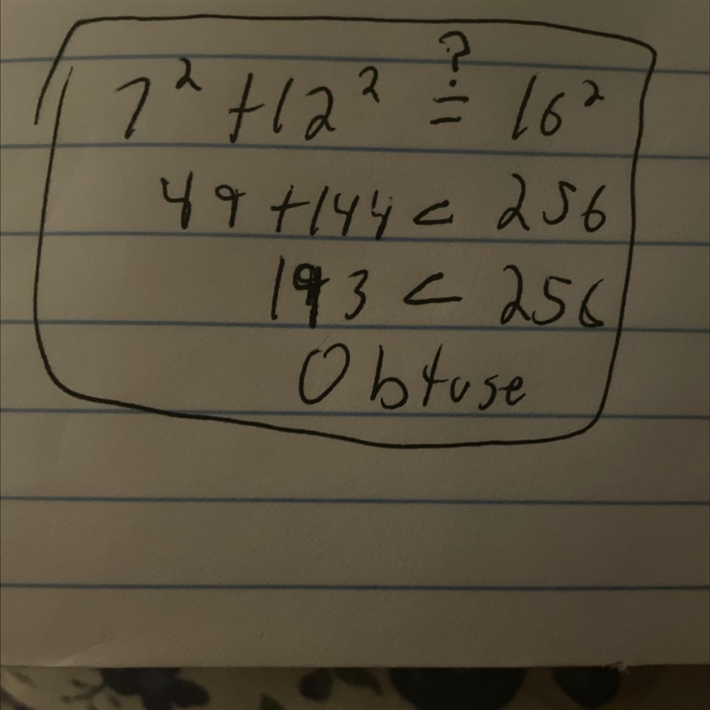 Determine if the triangle with the given sides is acute, obtuse, or right. 7, 12, 16-example-1