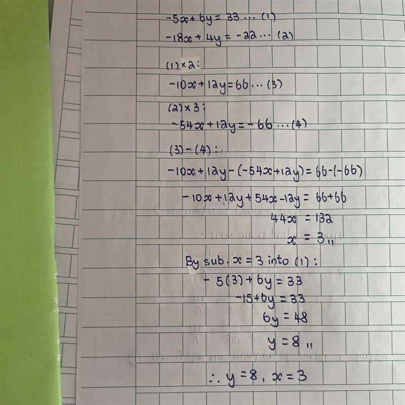 Solve the system of linear equations. separate the x- and y- values with a coma. -5x-example-1