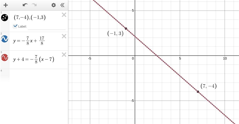 Write the equation of the line that passes through the points (7, –4) and (–1, 3), first-example-1