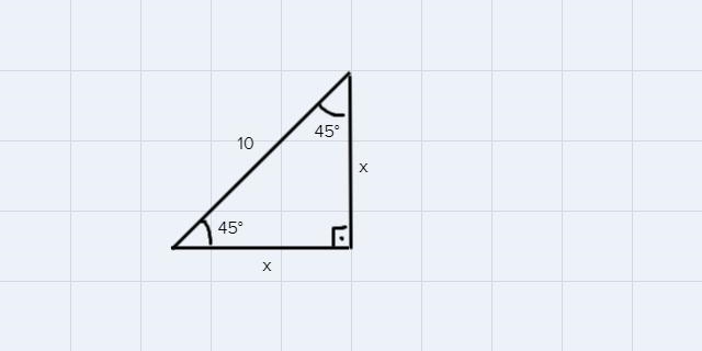 The length of the hypotenuse of a 45°-45°-90° triangleis 10. What is the length of-example-1