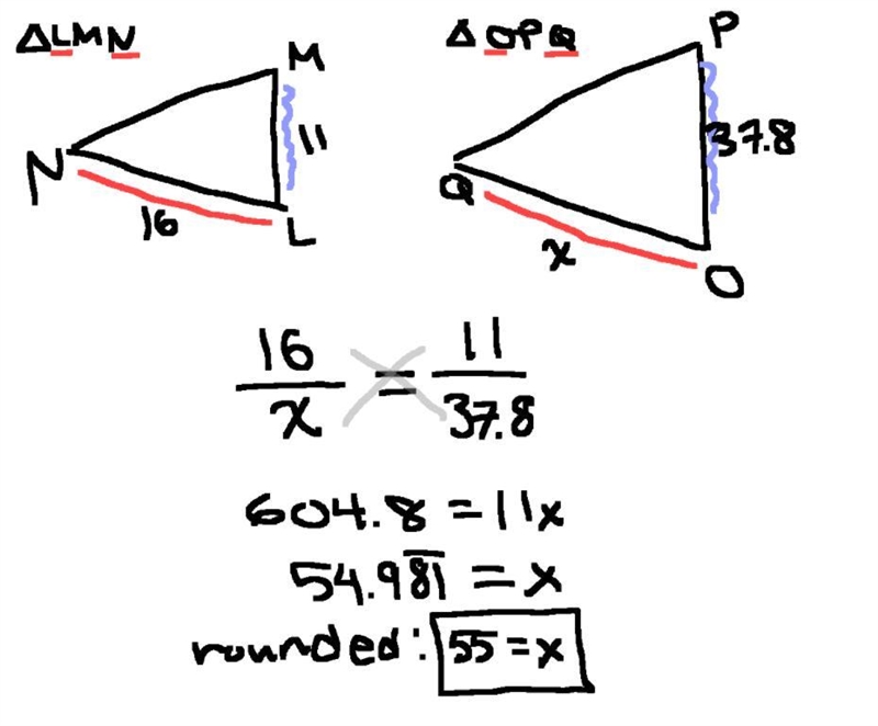 Triangle LMN is similar to triangle OPQ. Find the measure of side QO. Round your answer-example-1