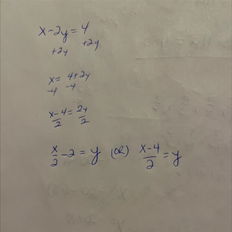 Solve for y in terms of x. x - 2y = 4-example-1