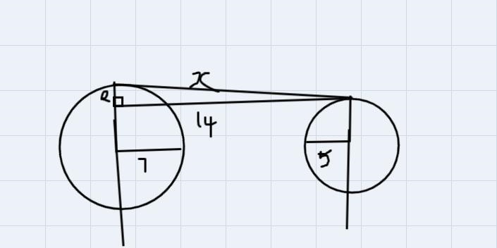 The centers of two circles with radii 5 and 7 are 14 units apart. Find the length-example-1