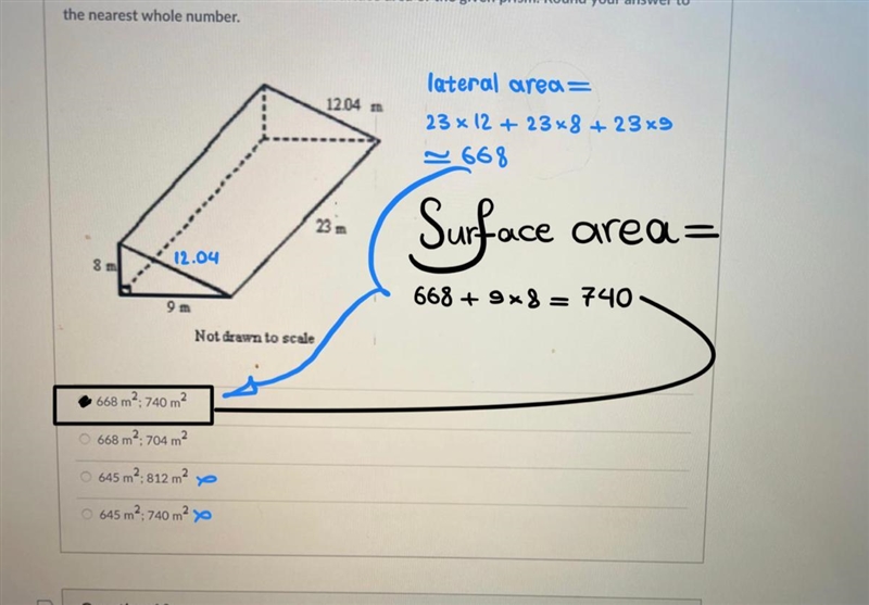 Use formulas to find the lateral area and surface area of the given prism. Round your-example-1