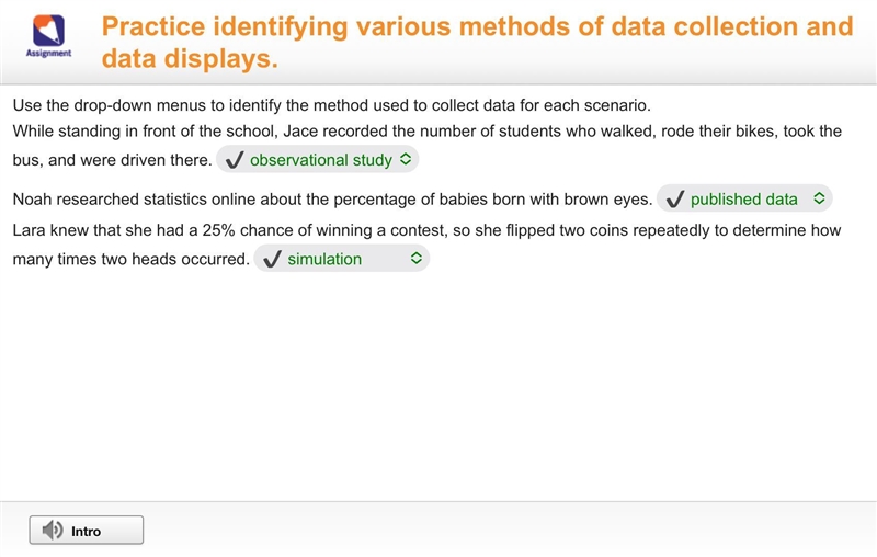 Use the drop-down menus to identify the method used to collect data for each scenario-example-1