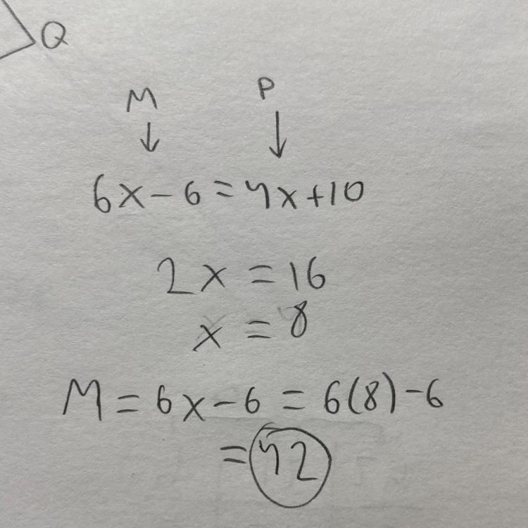 M∠M = 6x – 6 and m∠P = 4x + 10, what is m∠M?-example-1