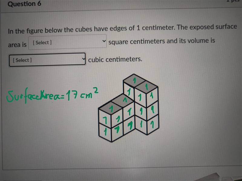 In the figure below the cubes have edges of 1 centimeter. Find the exposed surface-example-1