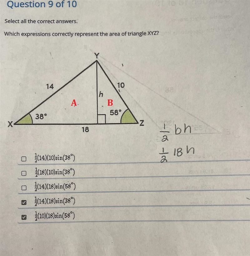 Which expressions correctly represent the area of triangle XYZ. XY=14, YZ=10, ZX=18, angle-example-1