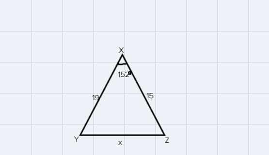 In triangle XYZ, measure of angle X=152, y=15, z=19. Find x to the nearest thousandth-example-1