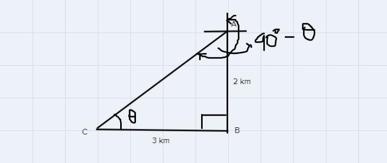 a girl start at A and walk 2km south to B she then walk 3km west to C Find the distance-example-1