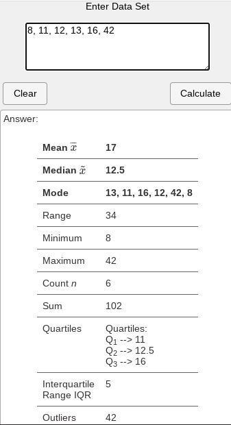 Using the set of data below, which statements are true? Check all that apply. 13, 11, 16, 12, 42, 8-example-1