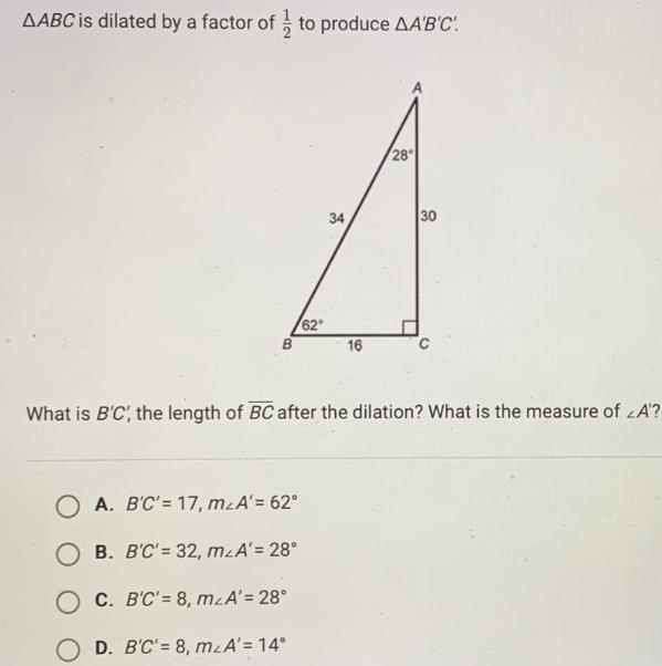 AABC is dilated by a factor of to produce AA'B'C!What is B'C, the length of BC after-example-1