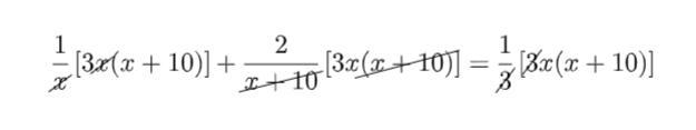 Consider this equation.1over x+2 over x+10 = 1/3Complete the statements to make them-example-1