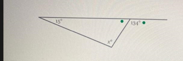 A side of the triangle below has been extended to form an exterior angle of 134º. Findthe-example-1